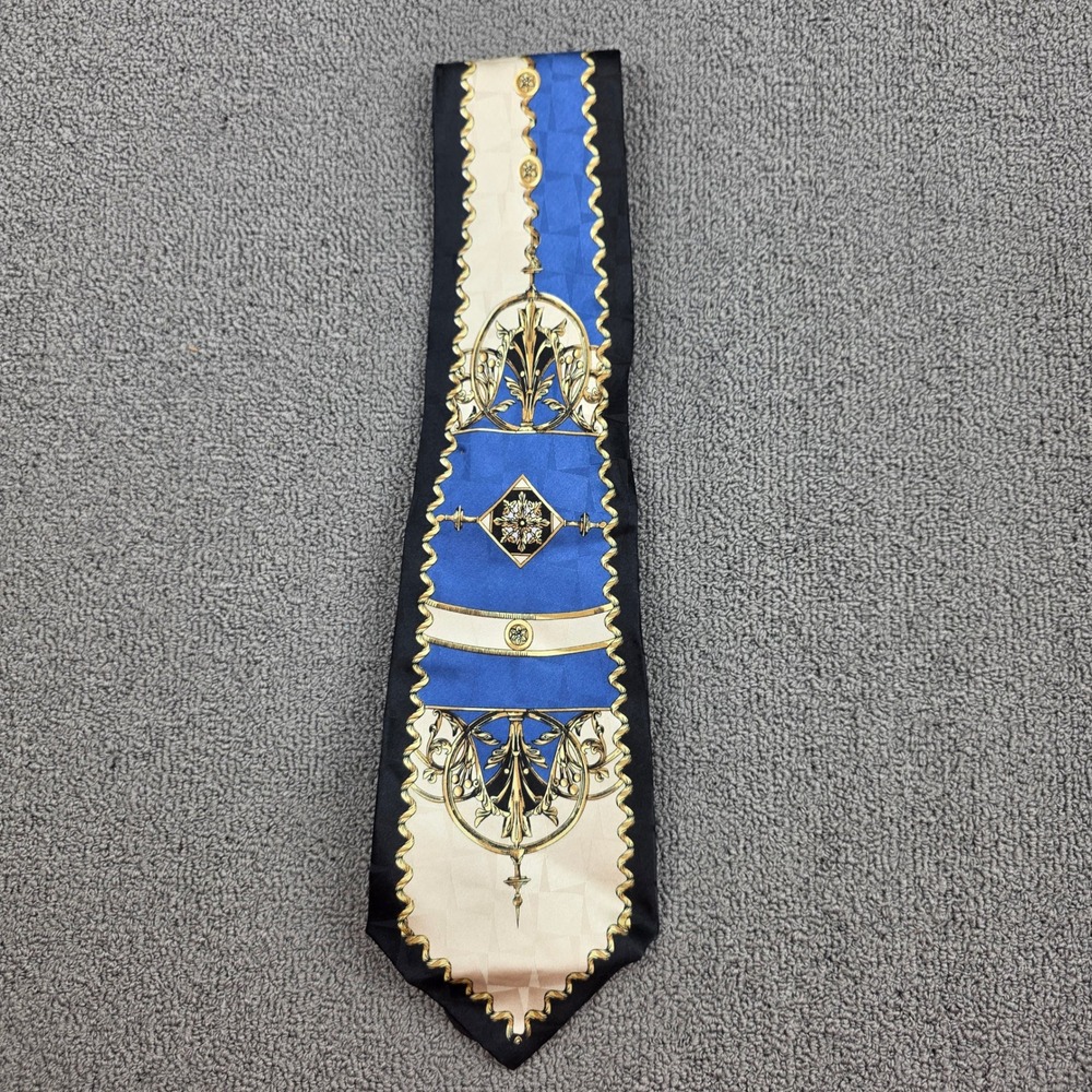 Georgio Gentelli Baroque Medallion Tie Men Blue Gold Silk Jacquard Handmade 4"
